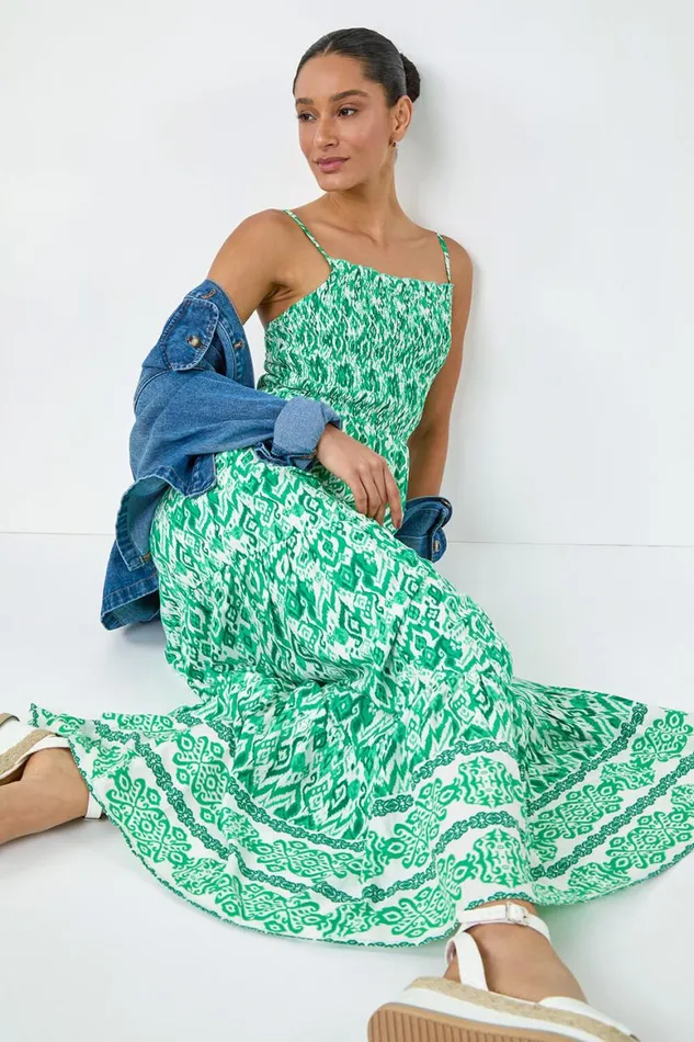 Women Green Aztec Border Print Shirred Maxi Dress Roman Dresses