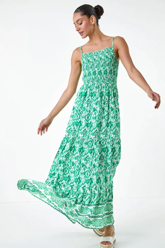 Women Green Aztec Border Print Shirred Maxi Dress Roman Dresses