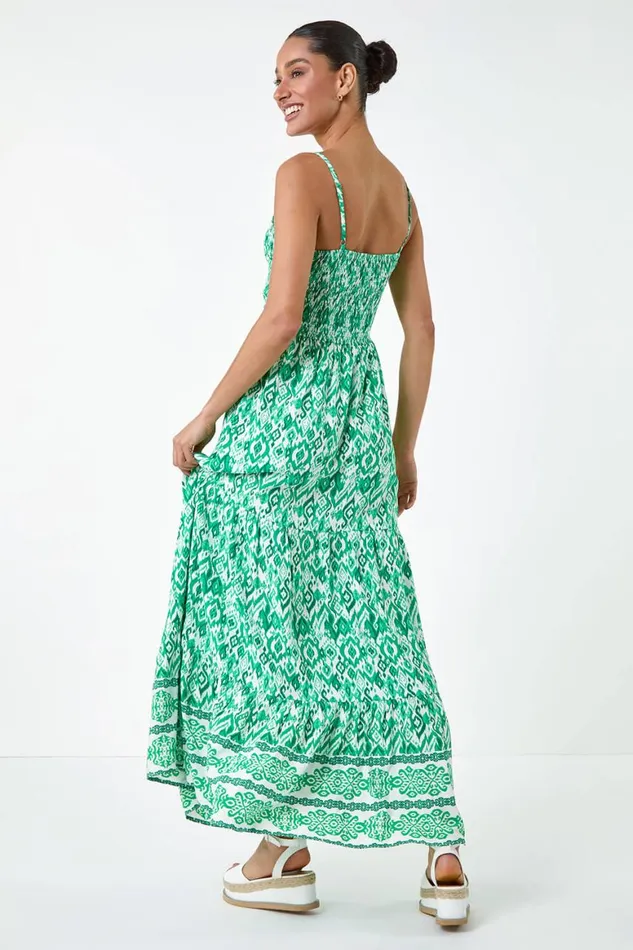 Women Green Aztec Border Print Shirred Maxi Dress Roman Dresses