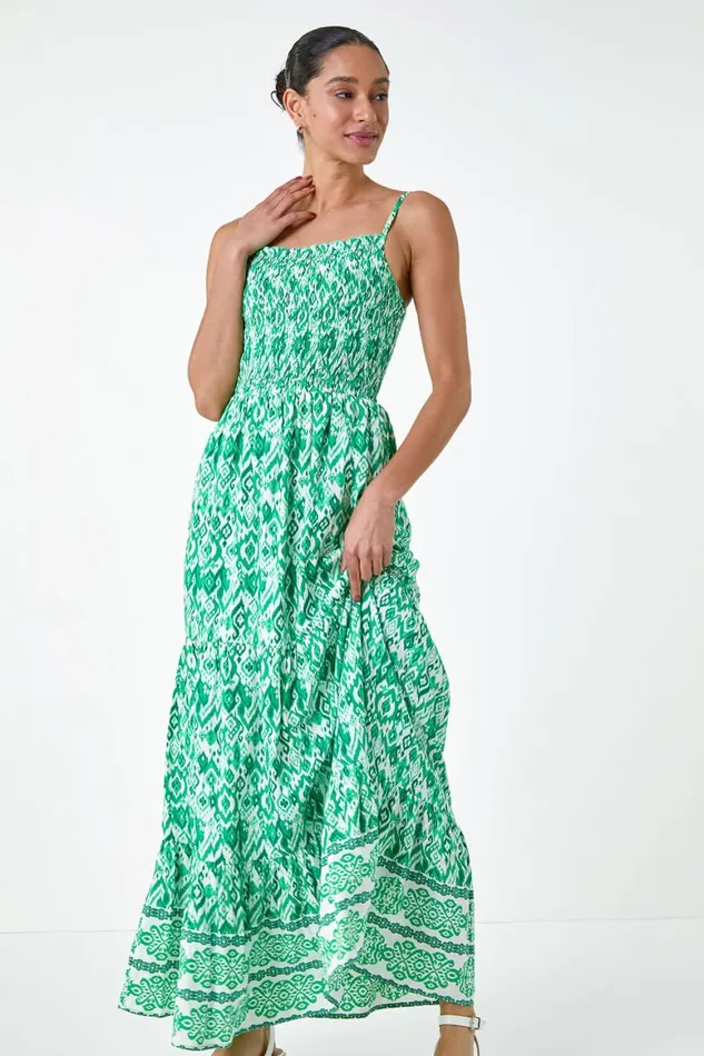 Women Green Aztec Border Print Shirred Maxi Dress Roman Dresses