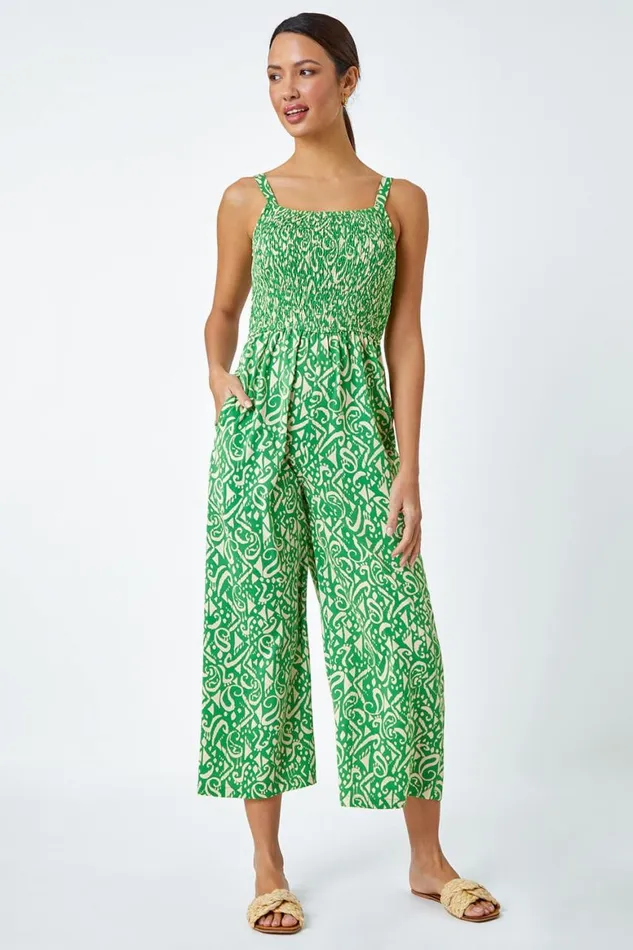 Women Green Aztec Print Crop Shirred Jumpsuit Roman Dresses