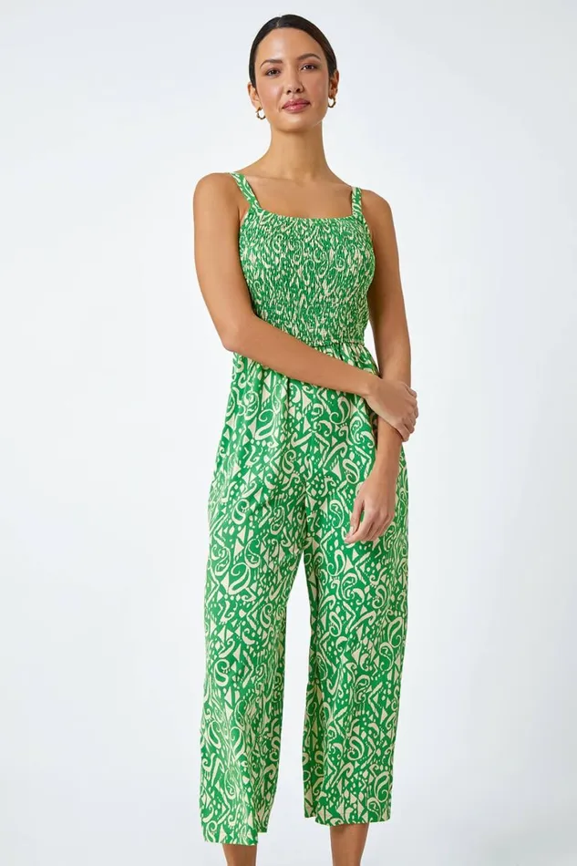 Women Green Aztec Print Crop Shirred Jumpsuit Roman Dresses