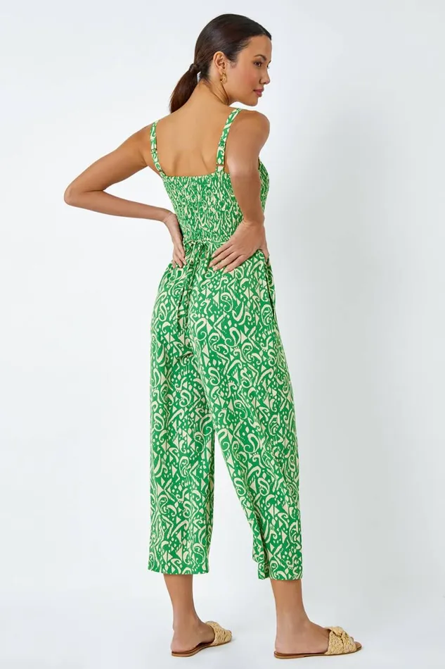 Women Green Aztec Print Crop Shirred Jumpsuit Roman Dresses