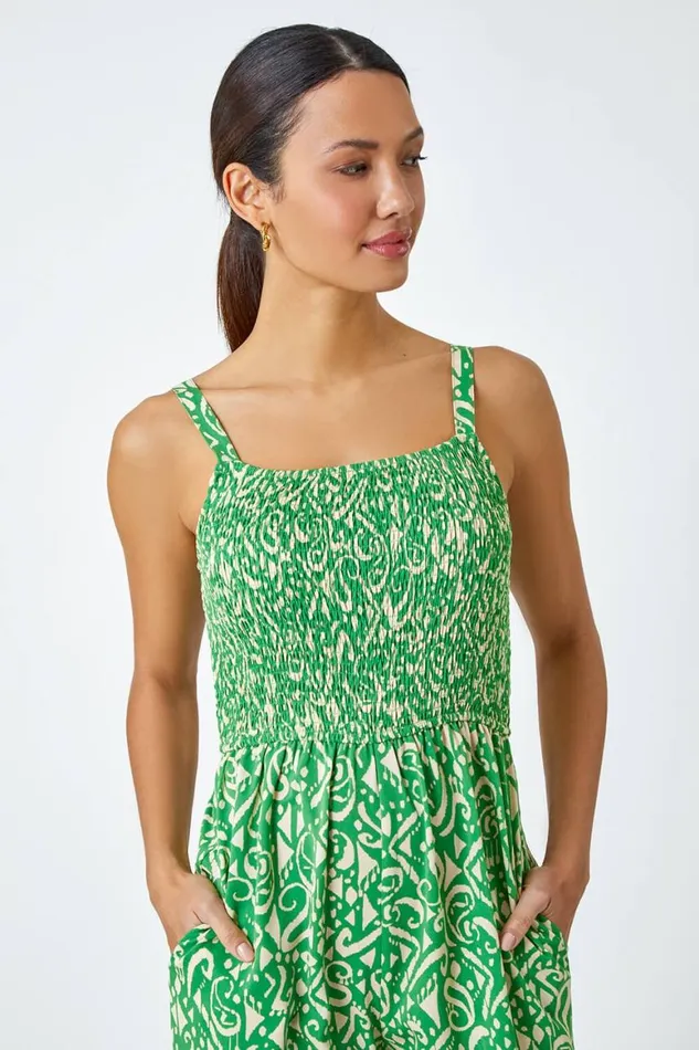 Women Green Aztec Print Crop Shirred Jumpsuit Roman Dresses