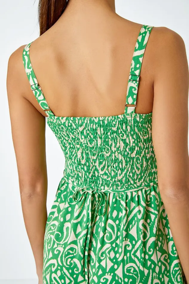 Women Green Aztec Print Crop Shirred Jumpsuit Roman Dresses