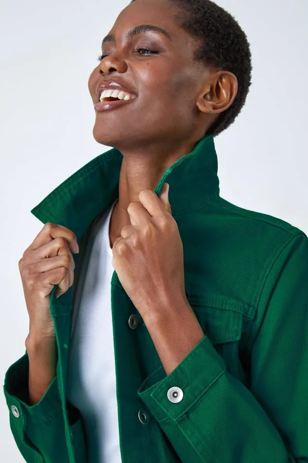 Women Green Classic Cotton Denim Jacket Roman Jackets