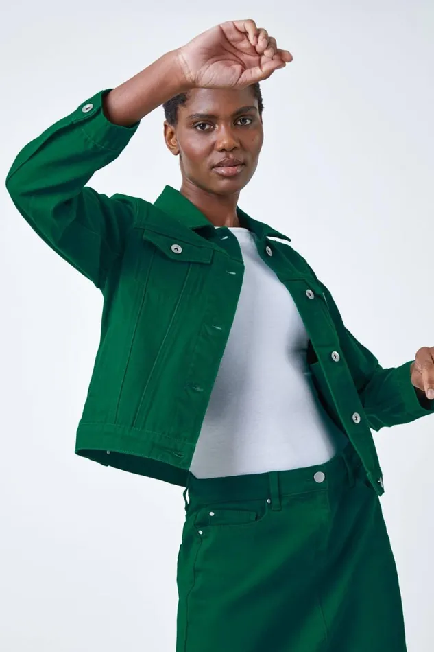 Women Green Classic Cotton Denim Jacket Roman Jackets