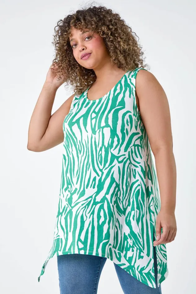 Women Green Curve Animal Stretch Hanky Hem Vest Top Roman Tops