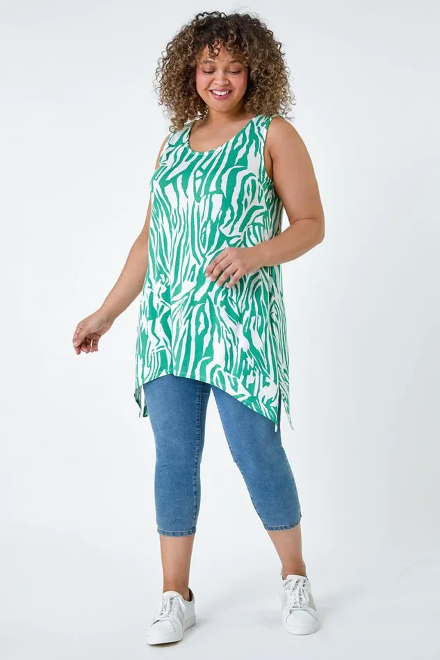 Women Green Curve Animal Stretch Hanky Hem Vest Top Roman Tops