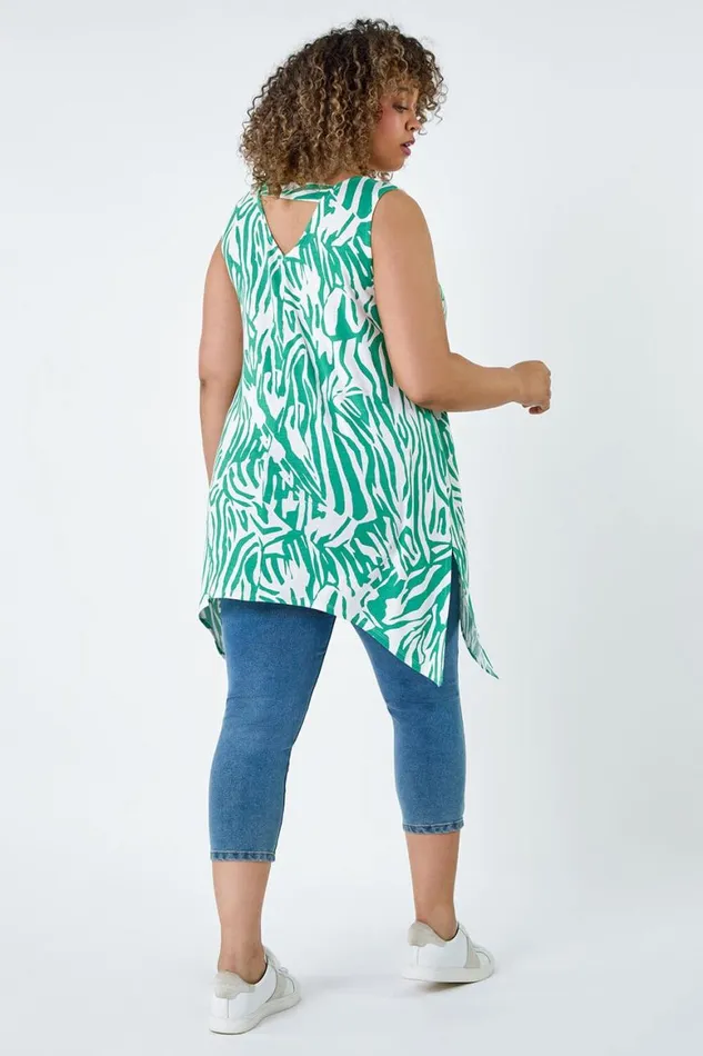 Women Green Curve Animal Stretch Hanky Hem Vest Top Roman Tops