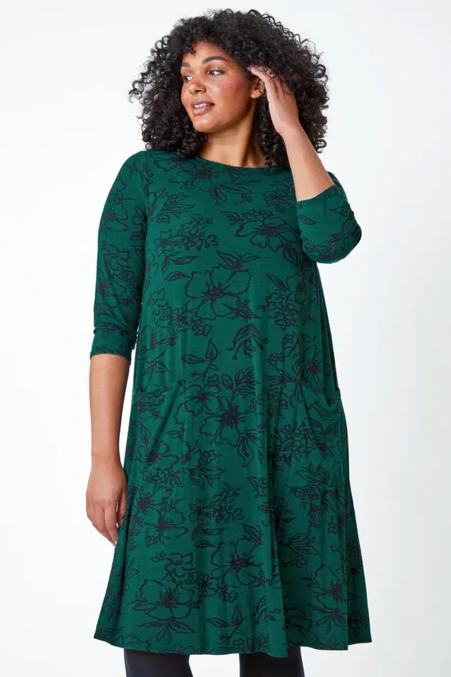Women Green Curve Floral Print Swing Stretch Dress Roman Dresses