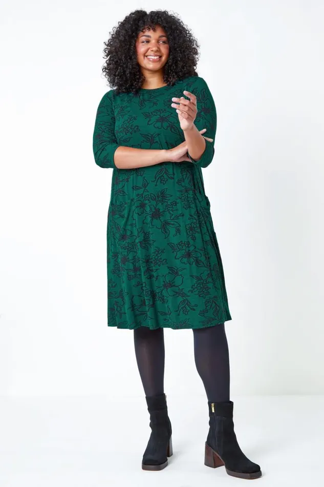 Women Green Curve Floral Print Swing Stretch Dress Roman Dresses