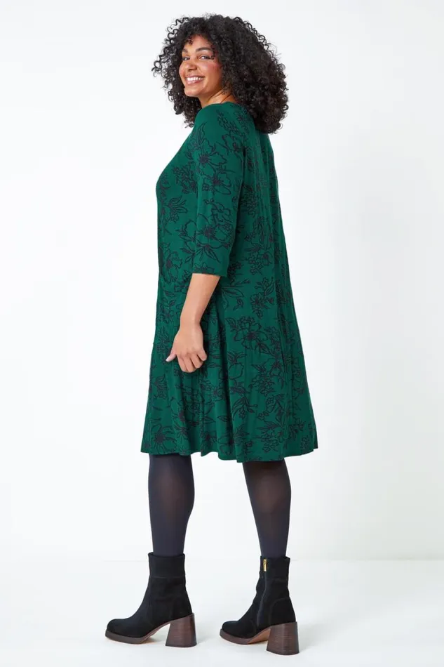 Women Green Curve Floral Print Swing Stretch Dress Roman Dresses