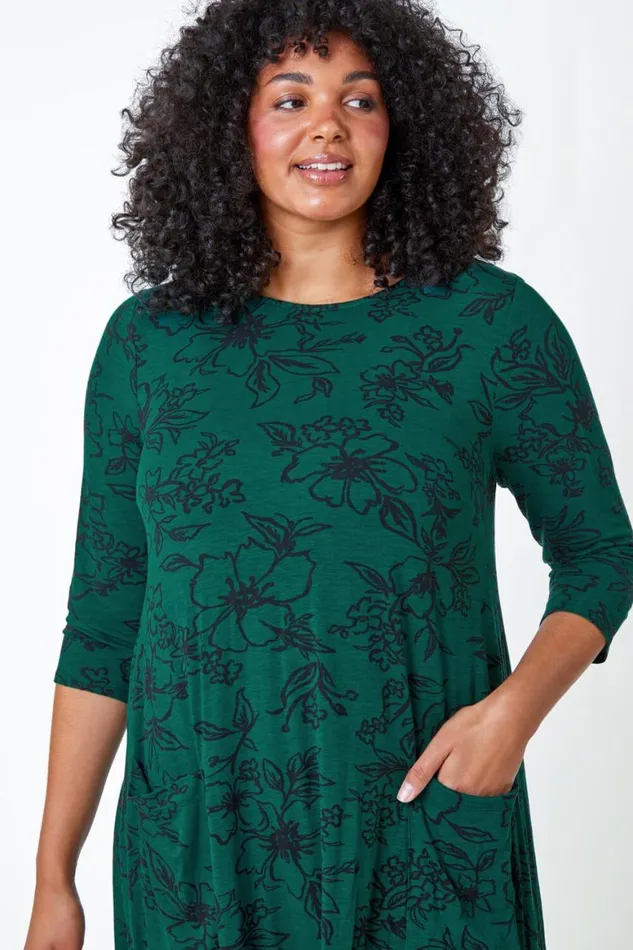 Women Green Curve Floral Print Swing Stretch Dress Roman Dresses