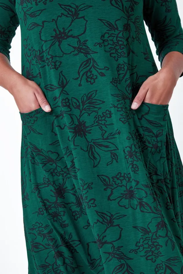 Women Green Curve Floral Print Swing Stretch Dress Roman Dresses