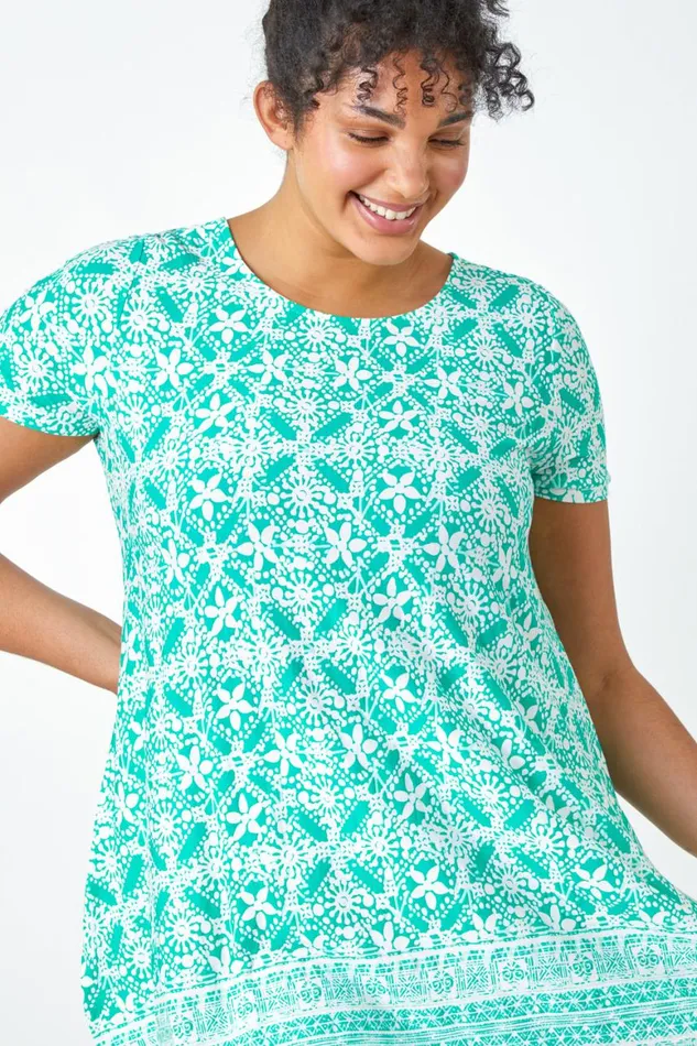 Women Green Curve Tile Print Stretch Tunic Top Roman Tops