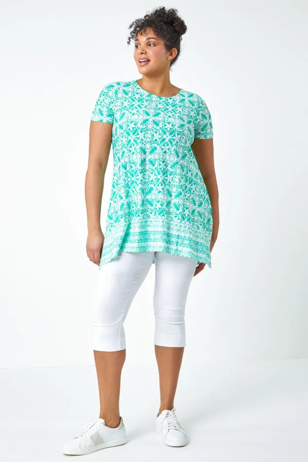 Women Green Curve Tile Print Stretch Tunic Top Roman Tops