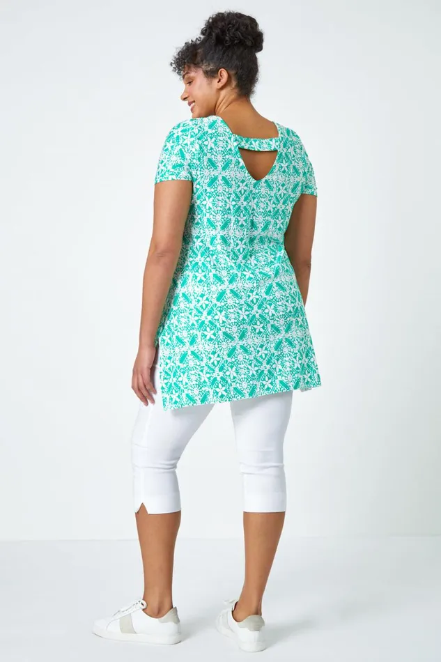 Women Green Curve Tile Print Stretch Tunic Top Roman Tops