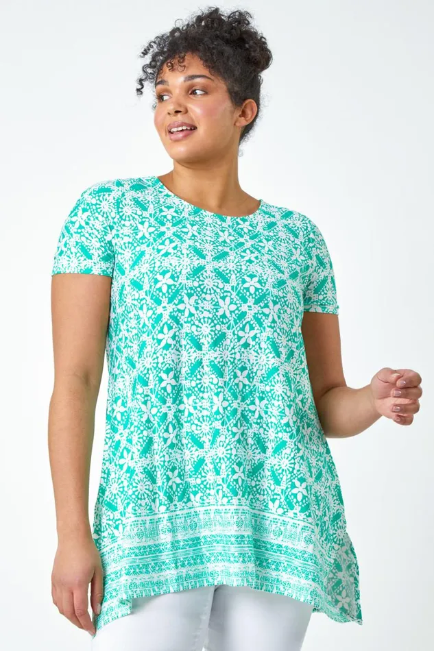Women Green Curve Tile Print Stretch Tunic Top Roman Tops