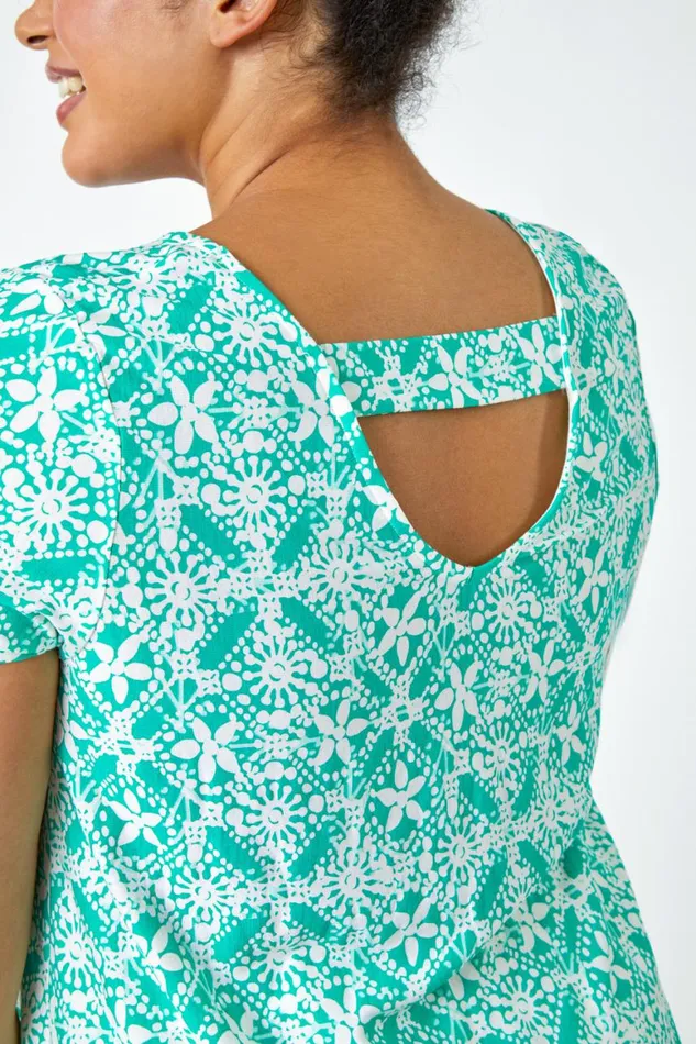 Women Green Curve Tile Print Stretch Tunic Top Roman Tops