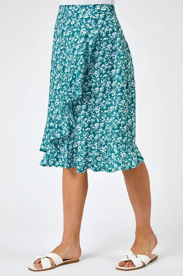 Women Green Ditsy Floral Frill Wrap Skirt Roman Skirts