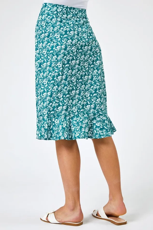 Women Green Ditsy Floral Frill Wrap Skirt Roman Skirts
