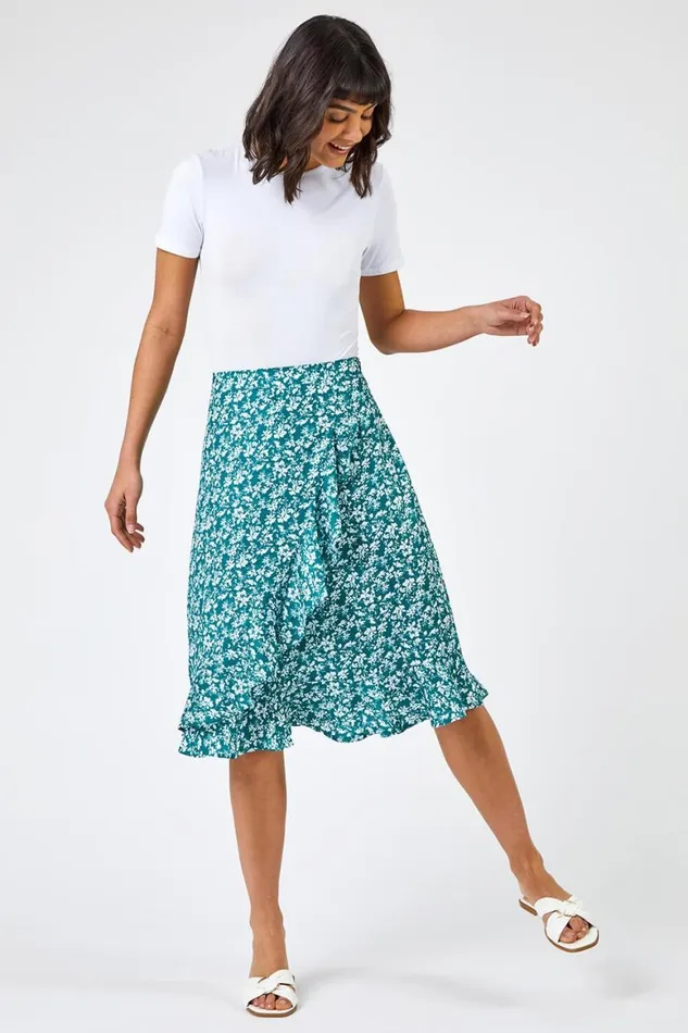 Women Green Ditsy Floral Frill Wrap Skirt Roman Skirts