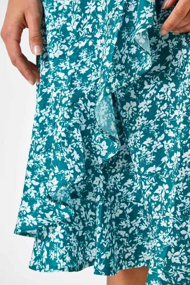 Women Green Ditsy Floral Frill Wrap Skirt Roman Skirts