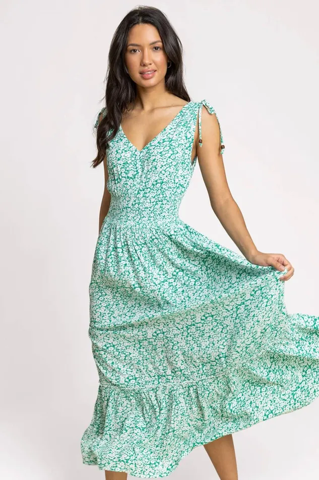 Women Green Ditsy Floral Shirred Waist Maxi Dress Roman Dresses