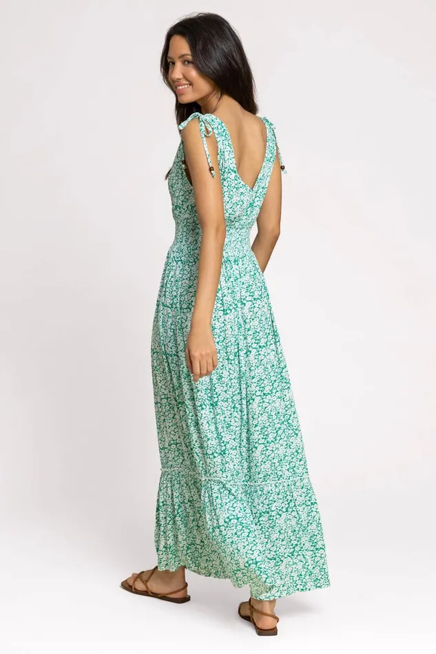 Women Green Ditsy Floral Shirred Waist Maxi Dress Roman Dresses