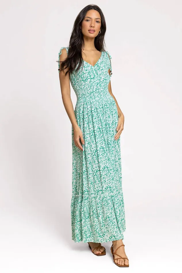Women Green Ditsy Floral Shirred Waist Maxi Dress Roman Dresses