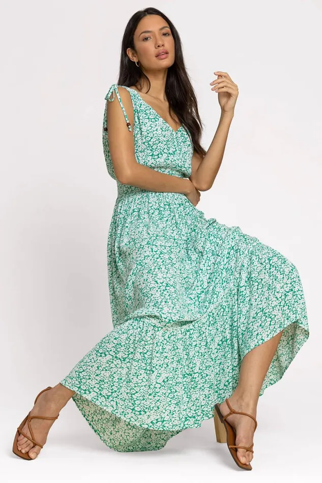 Women Green Ditsy Floral Shirred Waist Maxi Dress Roman Dresses