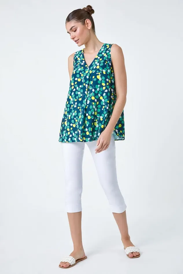 Women Green Ditsy Spot Sleeveless VNeck Pleat Vest Top Roman Tops