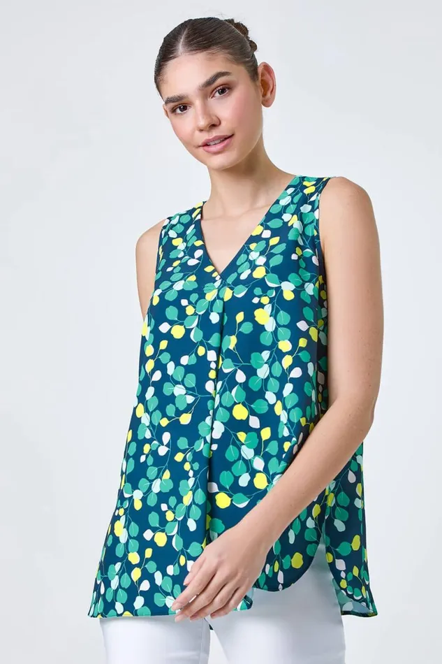 Women Green Ditsy Spot Sleeveless VNeck Pleat Vest Top Roman Tops