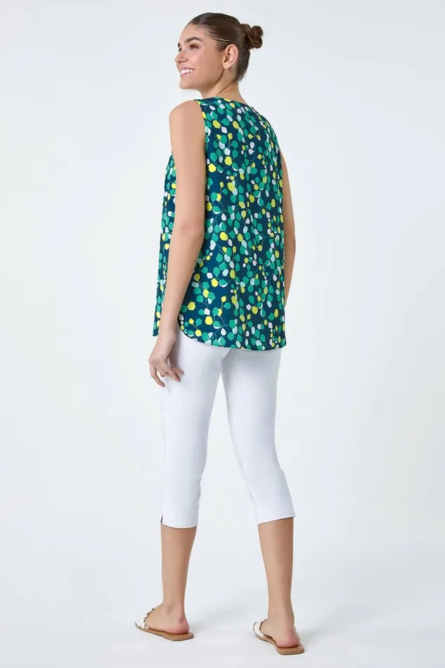 Women Green Ditsy Spot Sleeveless VNeck Pleat Vest Top Roman Tops