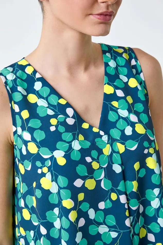 Women Green Ditsy Spot Sleeveless VNeck Pleat Vest Top Roman Tops