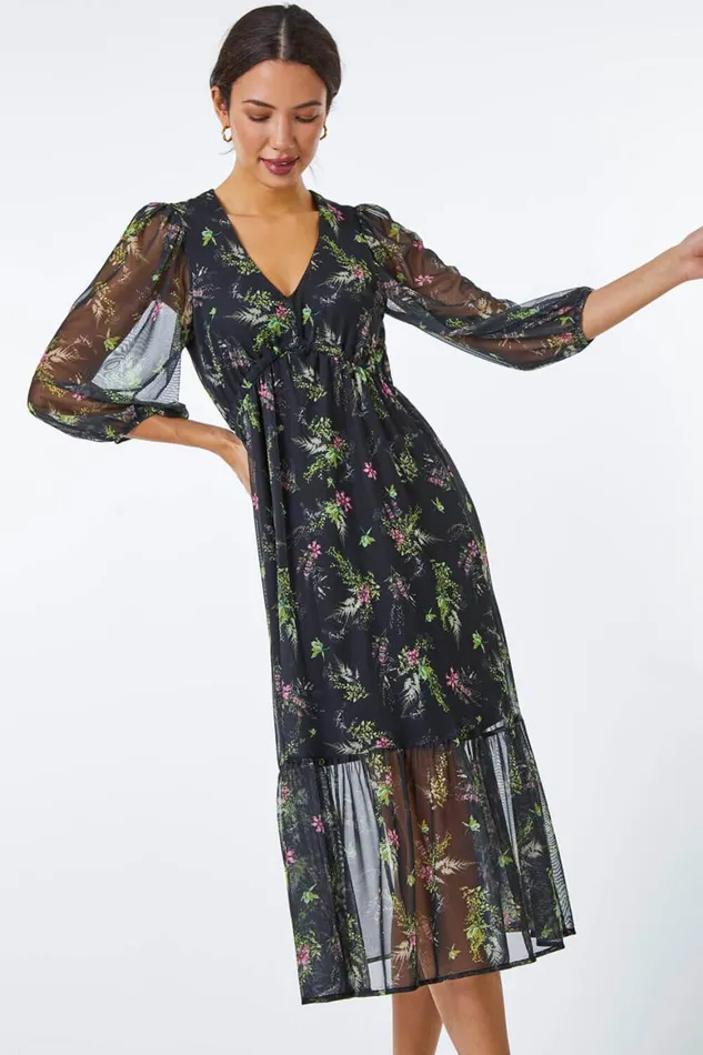 Women Green Floral Print Midi Stretch Dress Roman Dresses