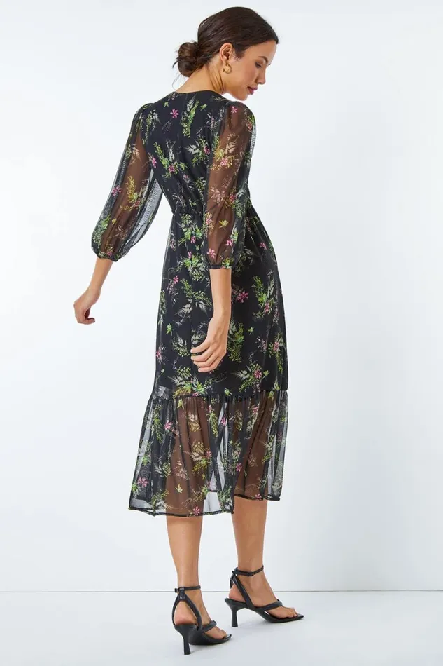 Women Green Floral Print Midi Stretch Dress Roman Dresses