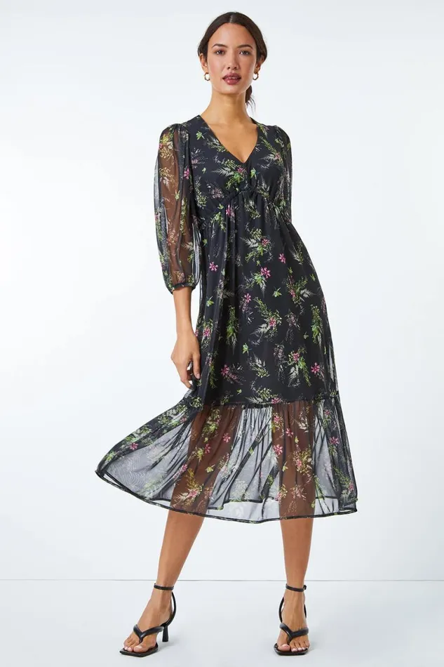 Women Green Floral Print Midi Stretch Dress Roman Dresses