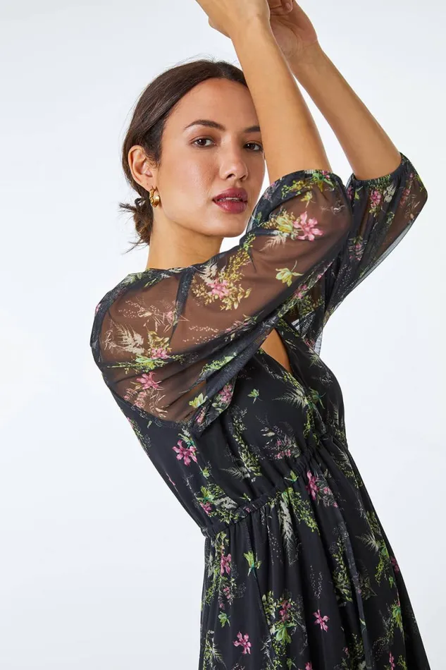 Women Green Floral Print Midi Stretch Dress Roman Dresses