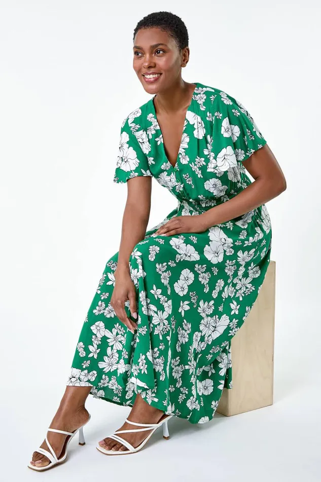 Women Green Floral Print Tiered Midi Dress Roman Dresses