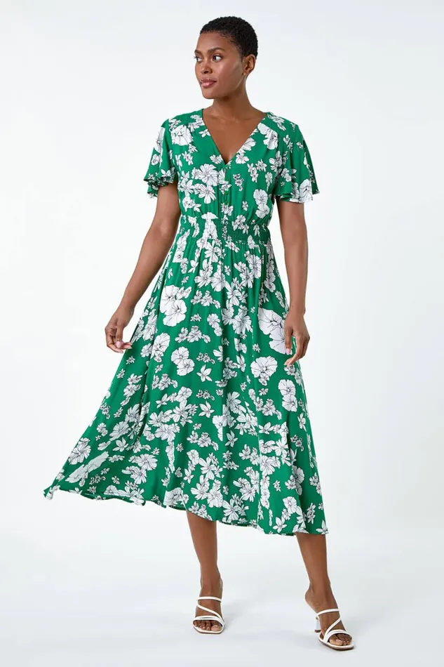 Women Green Floral Print Tiered Midi Dress Roman Dresses