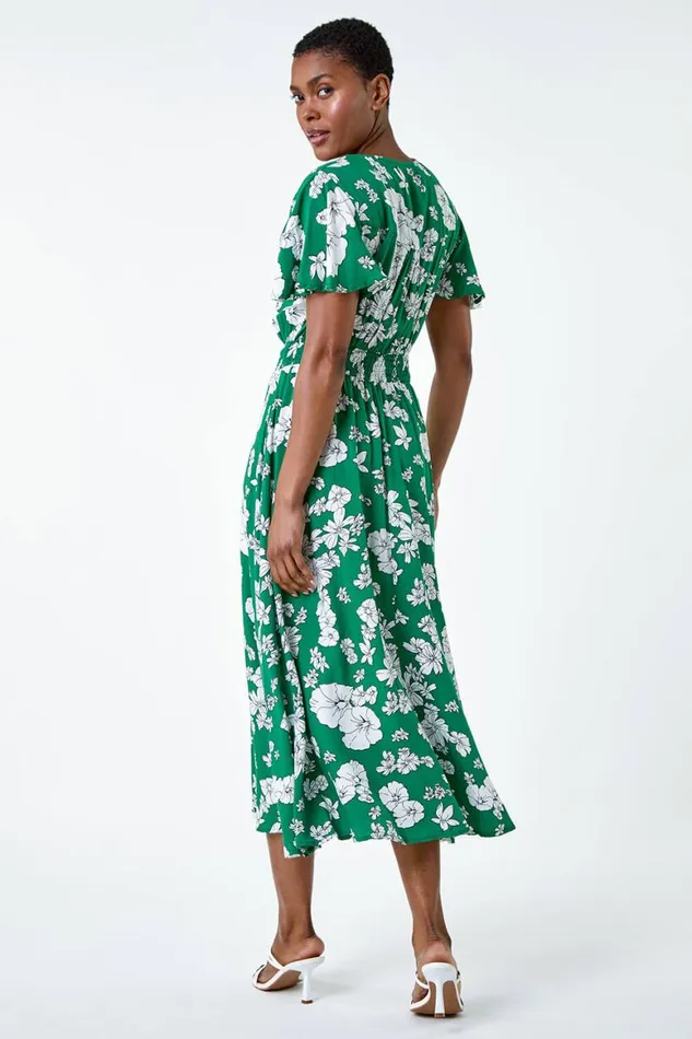 Women Green Floral Print Tiered Midi Dress Roman Dresses