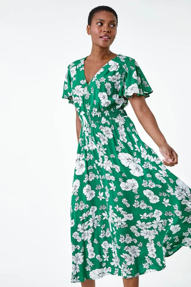 Women Green Floral Print Tiered Midi Dress Roman Dresses