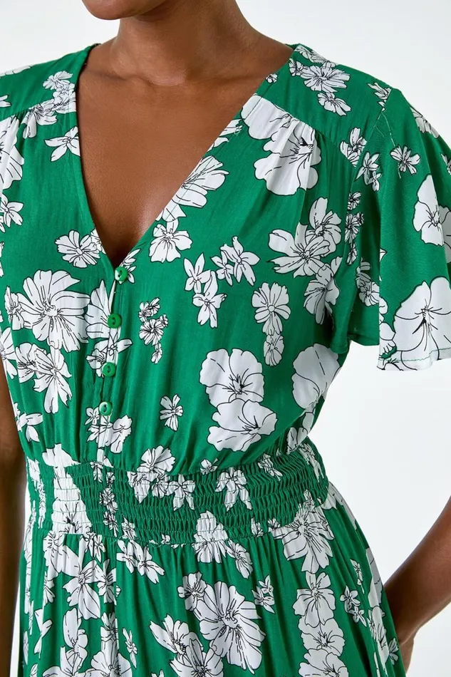 Women Green Floral Print Tiered Midi Dress Roman Dresses