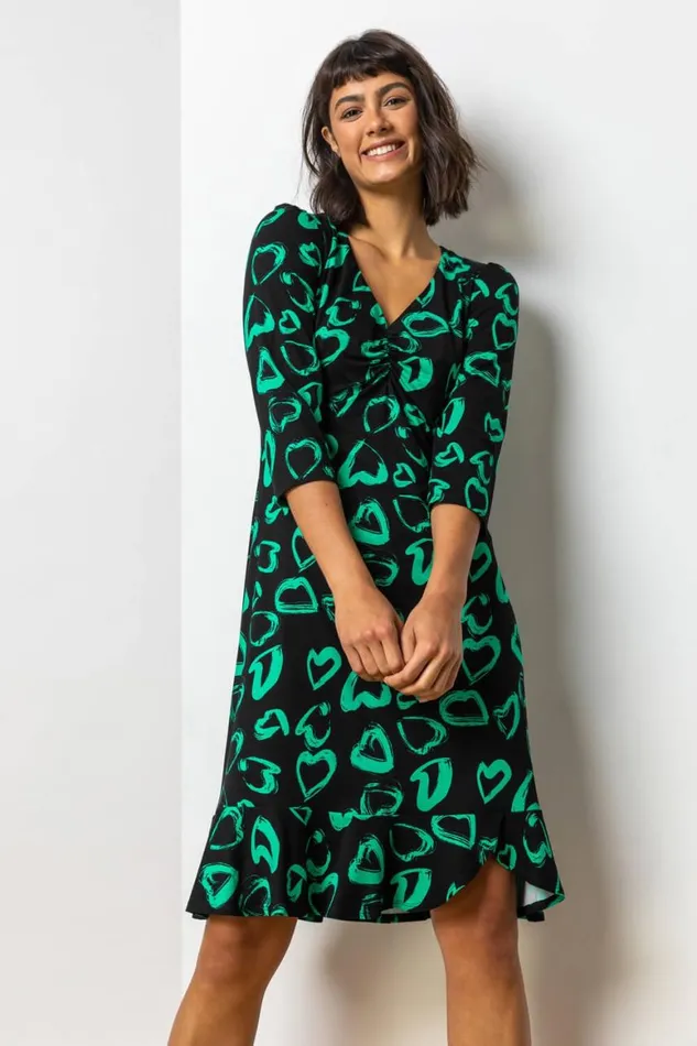 Women Green Frill Detail Heart Print Dress Roman Dresses