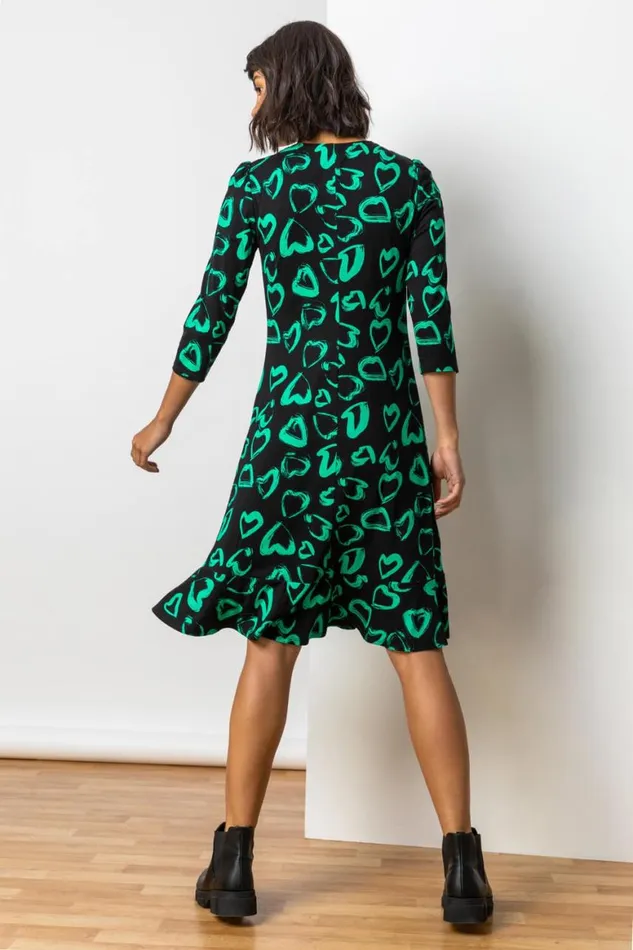 Women Green Frill Detail Heart Print Dress Roman Dresses