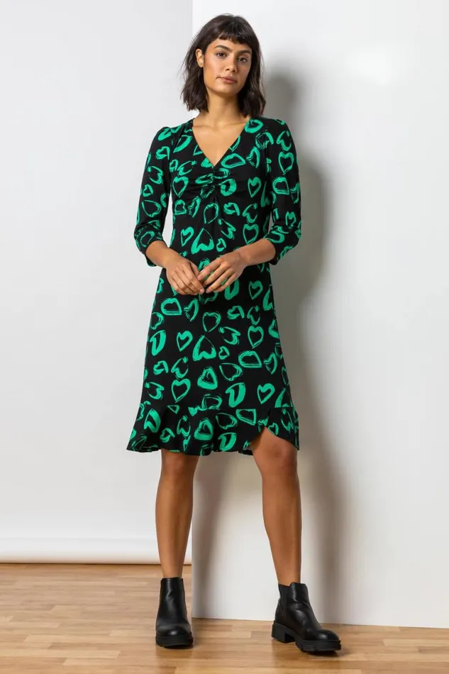 Women Green Frill Detail Heart Print Dress Roman Dresses