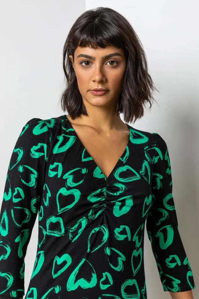 Women Green Frill Detail Heart Print Dress Roman Dresses