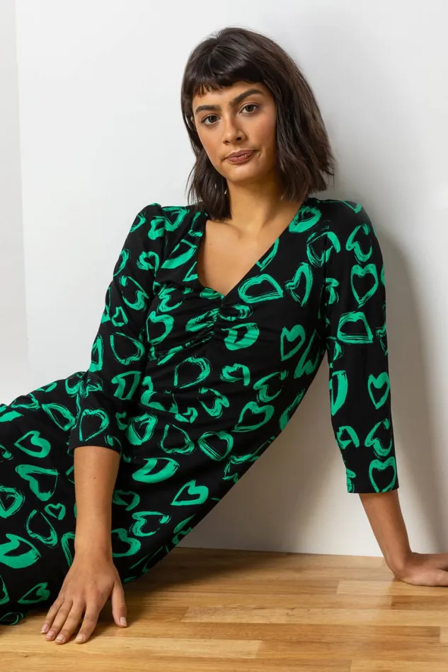 Women Green Frill Detail Heart Print Dress Roman Dresses